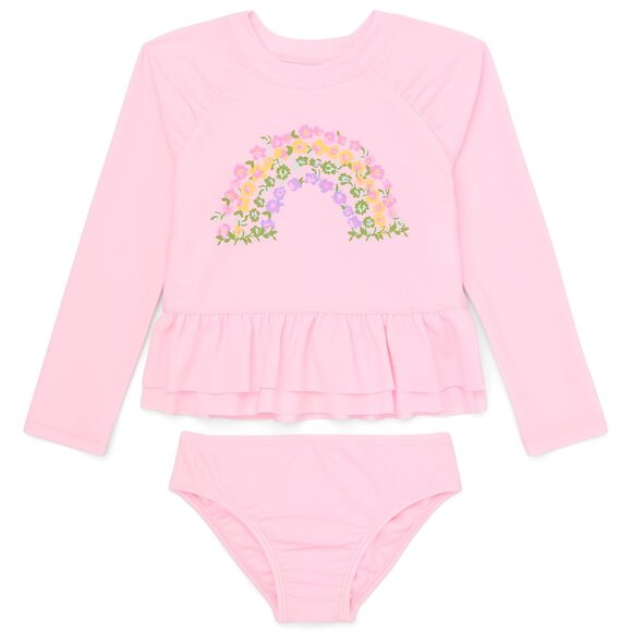 Flower Pink Rainbow Ruffle Rashguard 2 Piece Swimsuit TODDLER GIRLS SIZE 3T NEW - Picture 1 of 5